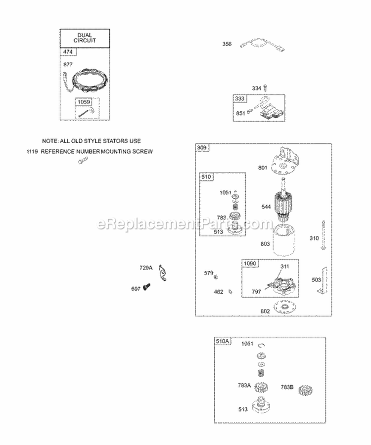 Electric Starter Alternator Diagram and Parts List for 28W707-0121-E1  Briggs and Stratton Engine